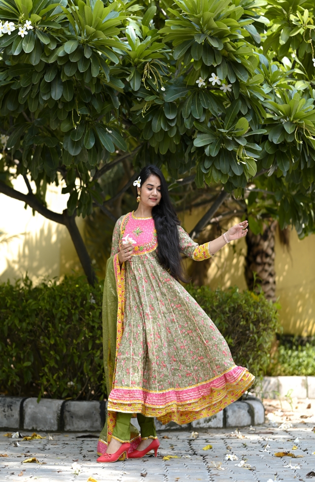 Festive Olive Green Anarkali Suit With Handwork