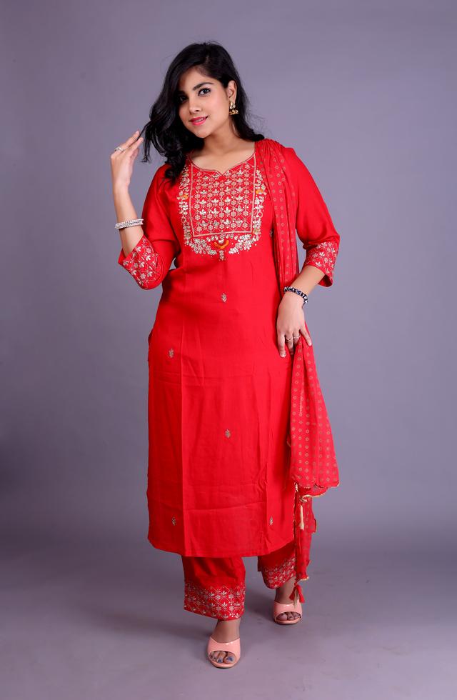 Beautiful Straight Suit Set In Red Color With Zari And Gota Work