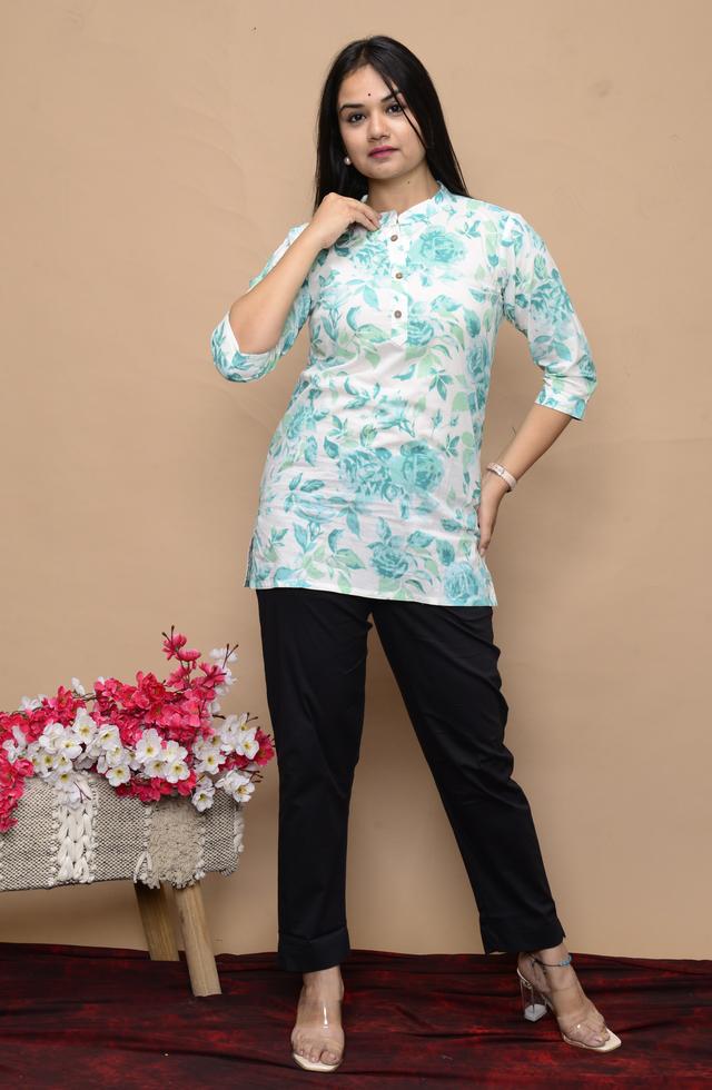Mandarin Collar Cool Printed Short Kurti