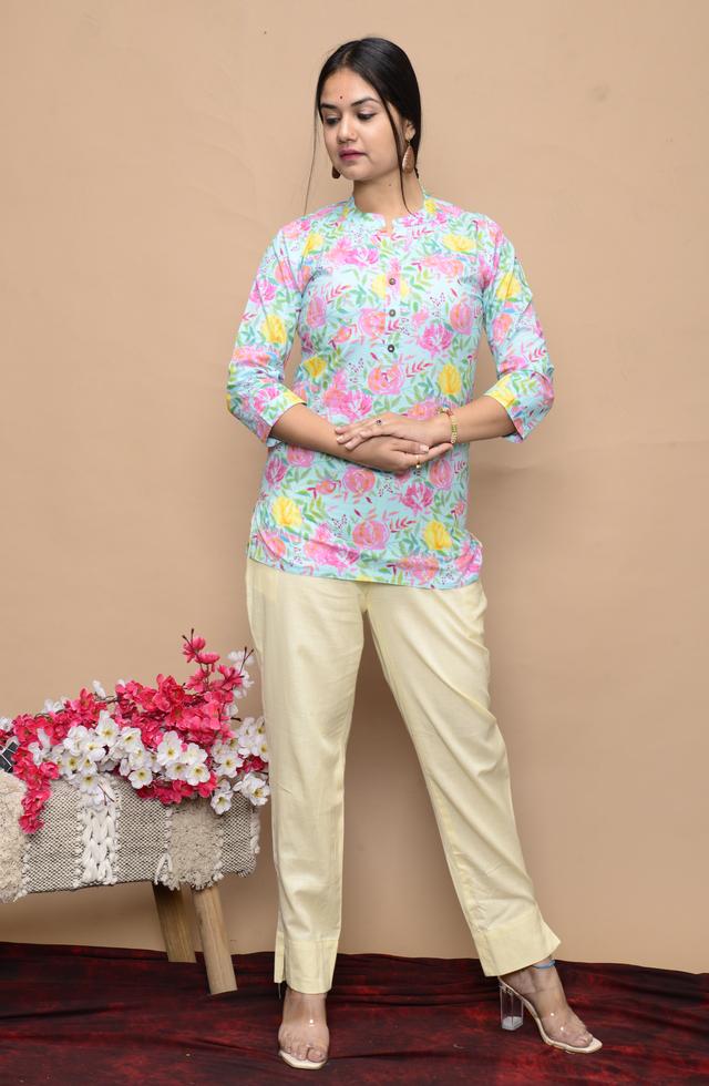 Conversational Floral Printed Short Kurti