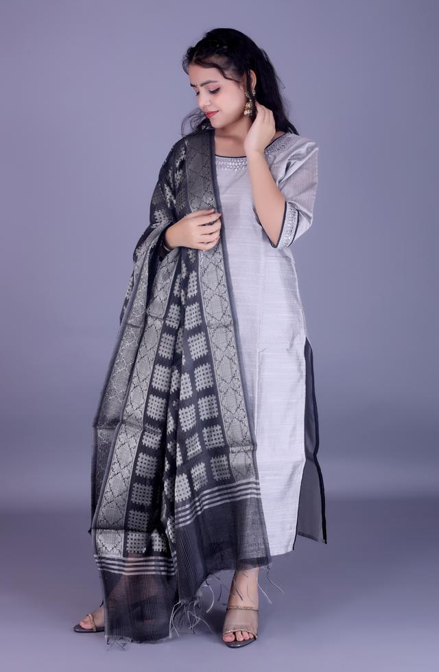 Chanderi Straight Suit In Silver