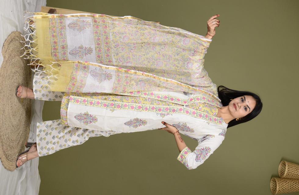 Beautiful Floral Printed 3Pc Suit Set With Jacket In Off White Color