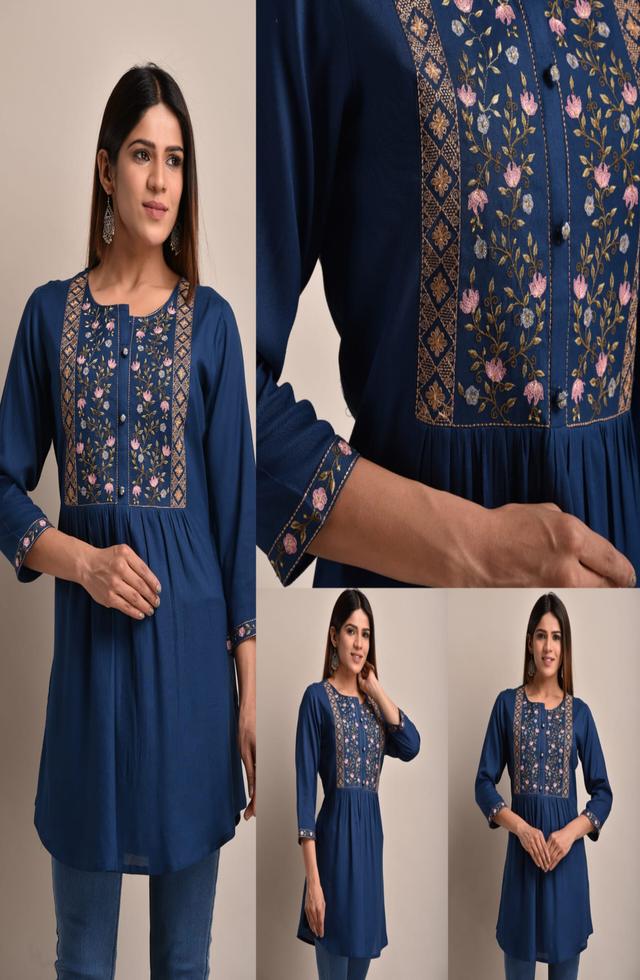 Navy Blue Embroidered Top