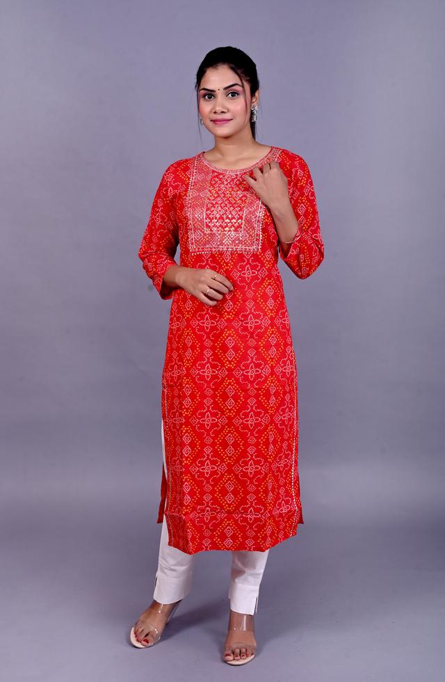 Red Bandhej Straight Kurti