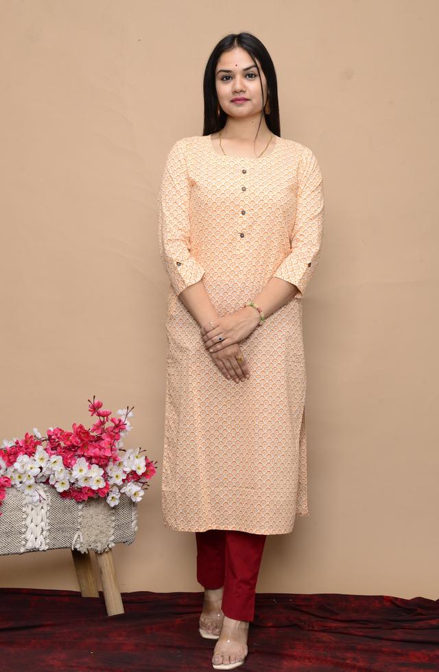 Straight Fit Printed Kurti In Cream