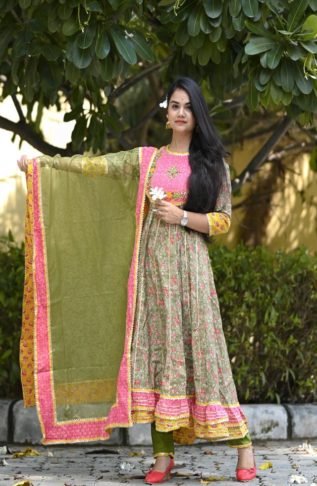 Festive Olive Green Anarkali Suit With Handwork