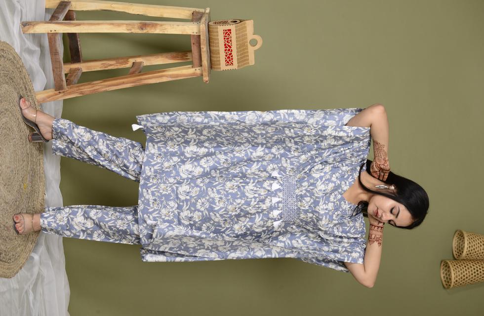 Grey Floral Printed Kaftan Set With Pant