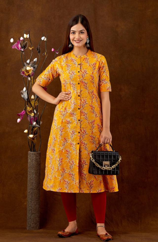 Printed A-Line Kurti In Bight Orange