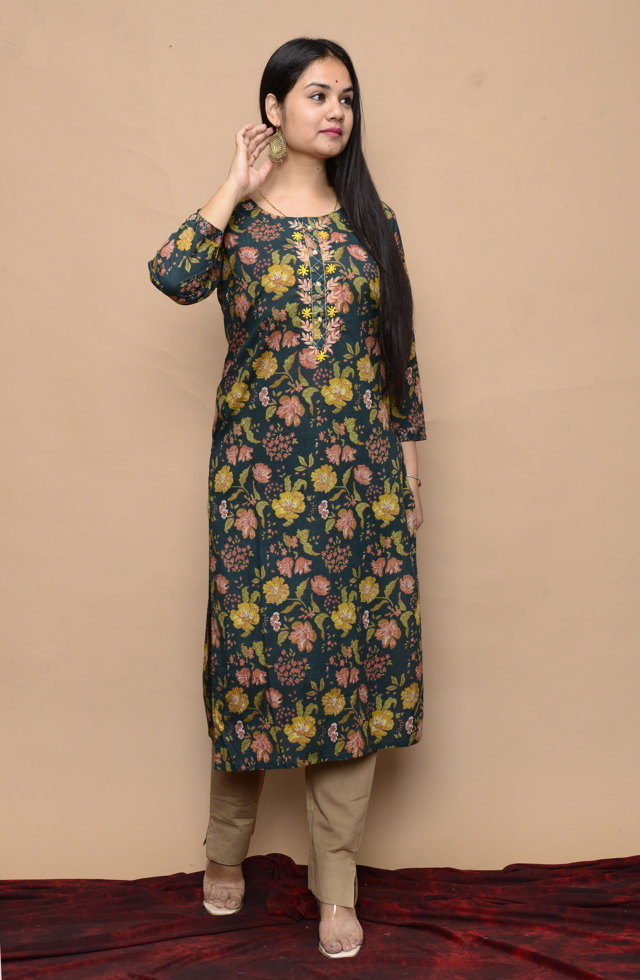 Floral Printed Kurti In Green