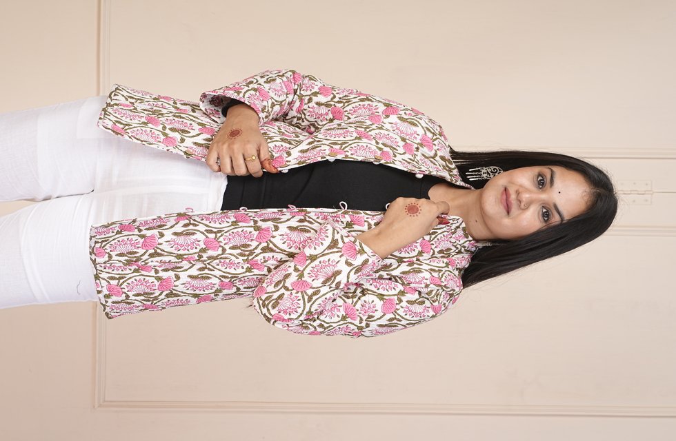 Ravishing Floral Printed Quilted Jacket In White