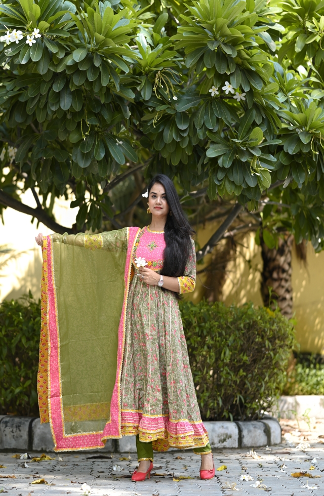 Festive Olive Green Anarkali Suit With Handwork