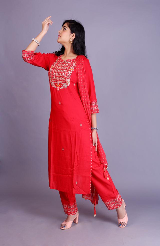 Beautiful Straight Suit Set In Red Color With Zari And Gota Work