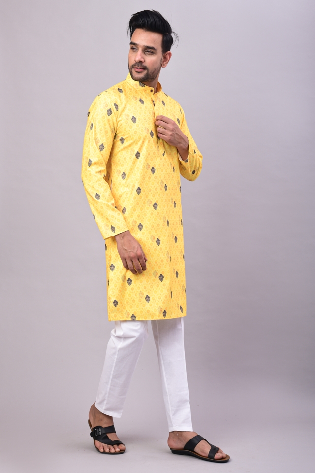 Men Printed Kurta with Pant in Haldi Yellow Colour