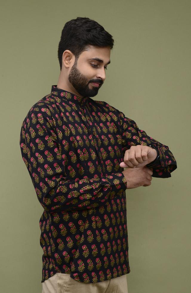 Jaipuri Printed Short Kurta In Black