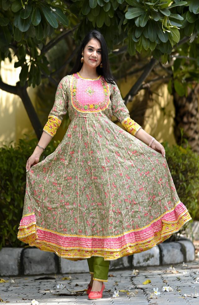Festive Olive Green Anarkali Suit With Handwork