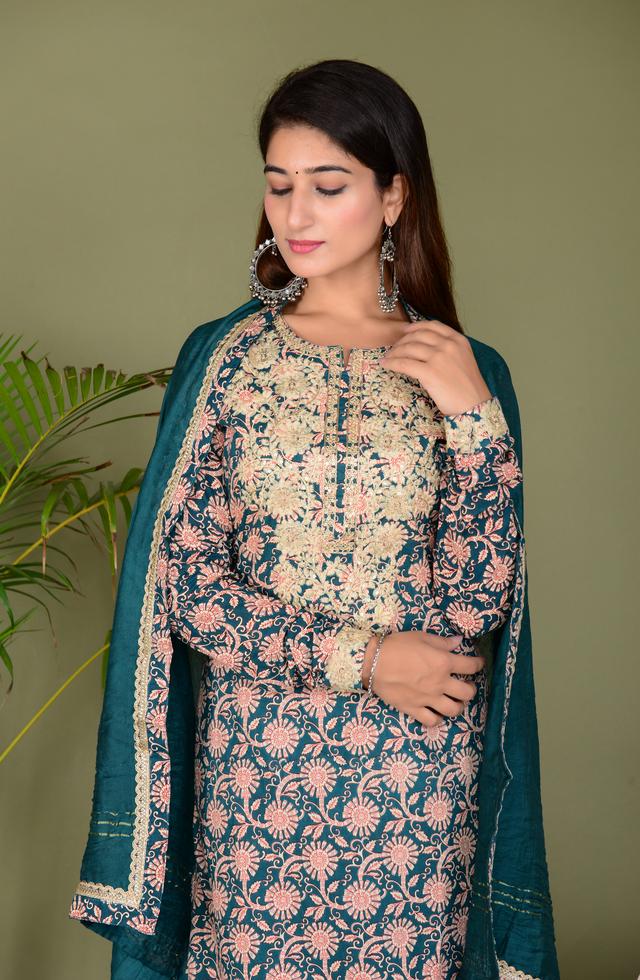 Women Gorgeous Embroidered Suit Set In Teal Blue