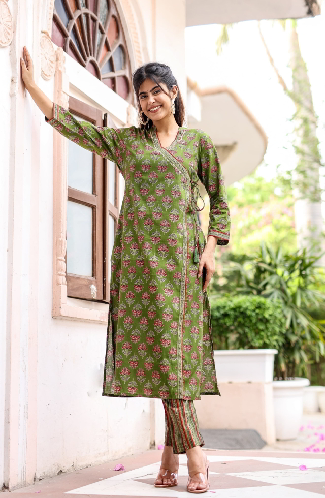 Pretty Angrakha Suit Set For Women In Mehandi Green