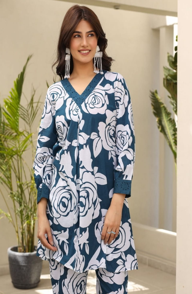 Cutwork Chikankari Coord Set In Blue