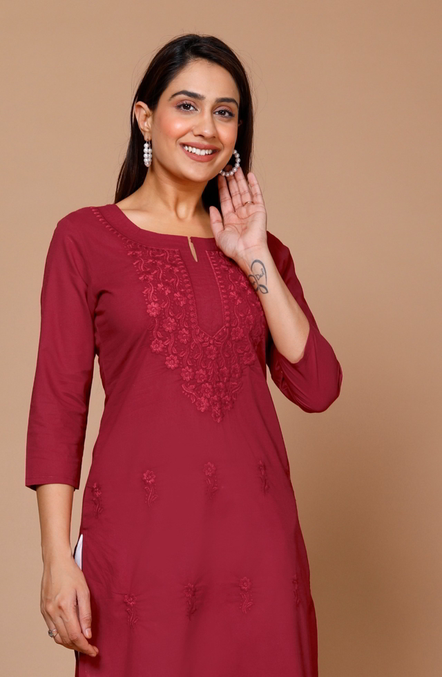 Embroidered Straight Fit Kurti In Maroon