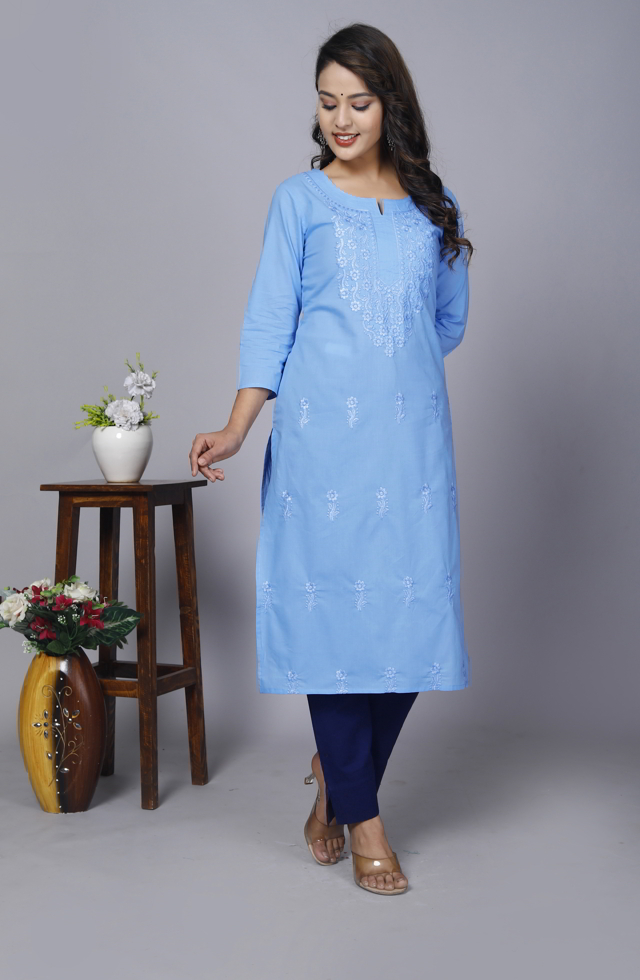 Women Embroidered Kurti In Sky Blue