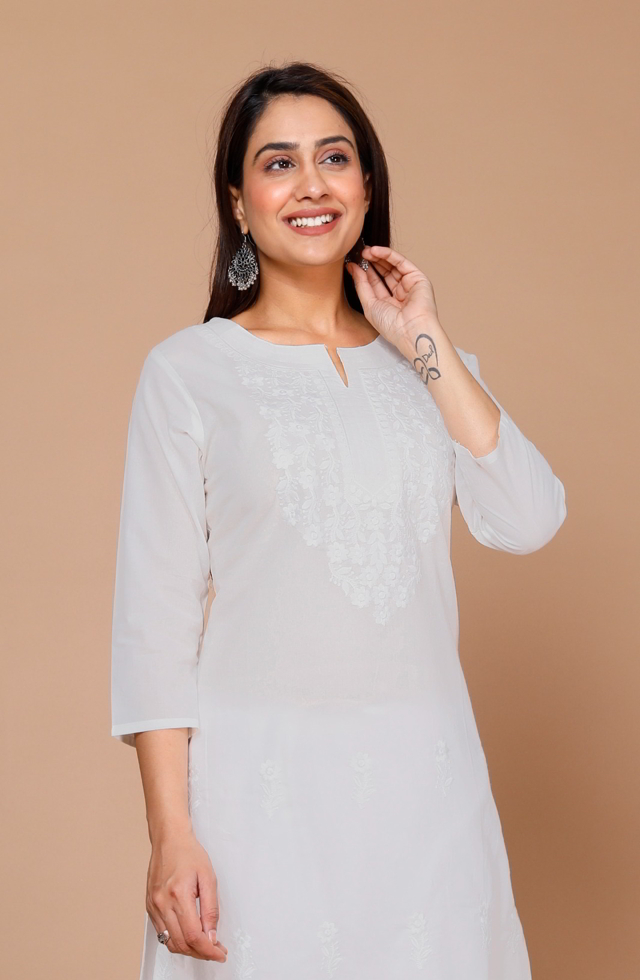 Embroidered Straight Fit Kurti In White