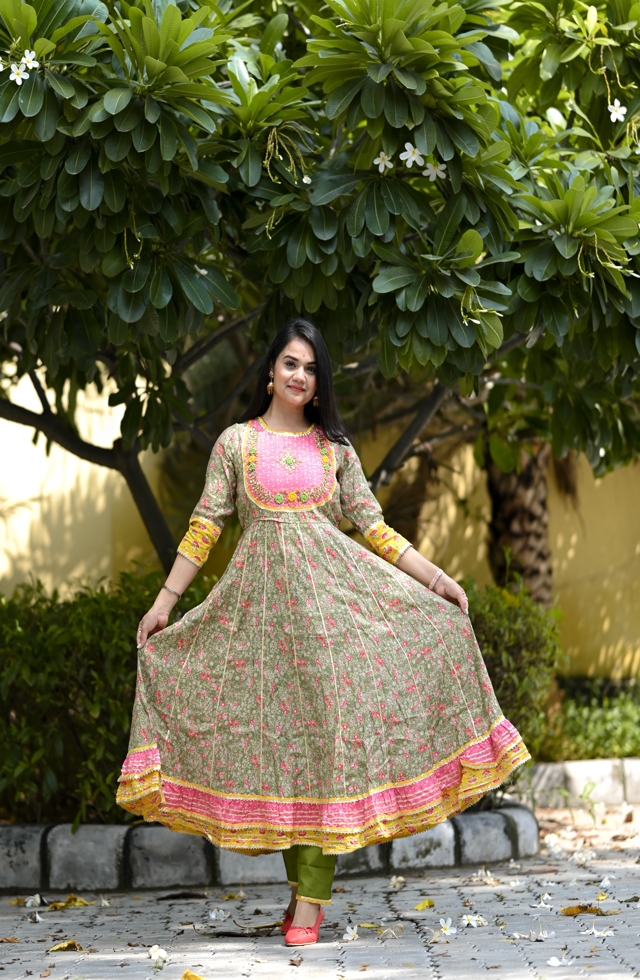 Festive Olive Green Anarkali Suit With Handwork