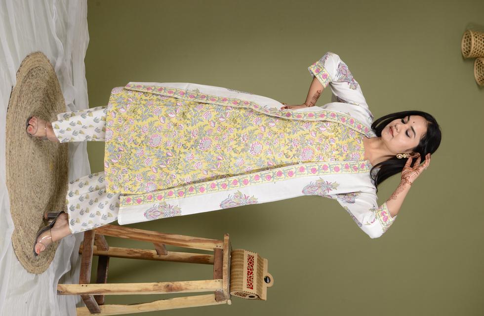 Beautiful Floral Printed 3Pc Suit Set With Jacket In Off White Color