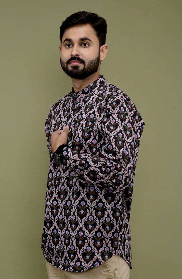 Jaipuri Printed Short Kurta In Black Colour