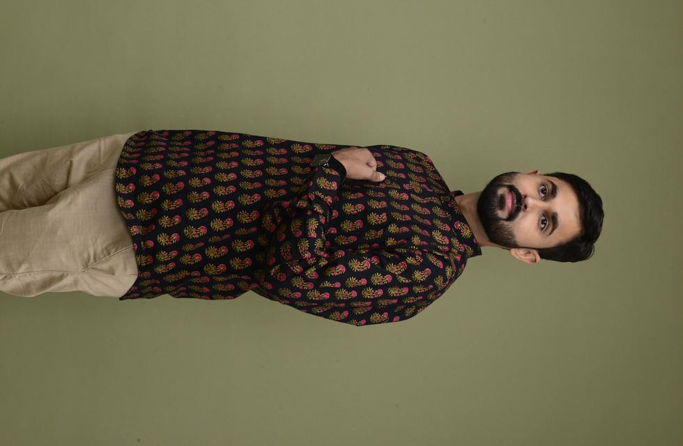 Jaipuri Printed Short Kurta In Black