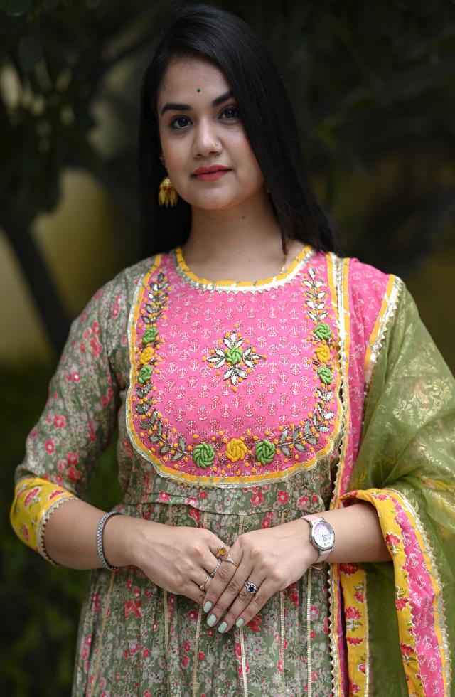 Festive Olive Green Anarkali Suit With Handwork