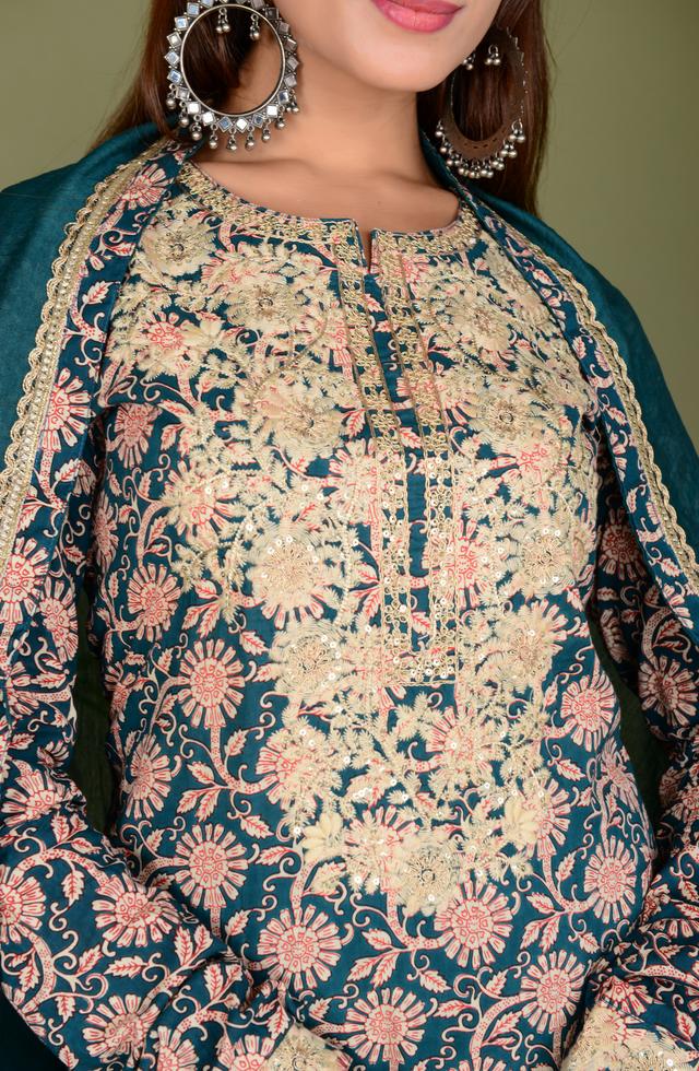 Women Gorgeous Embroidered Suit Set In Teal Blue