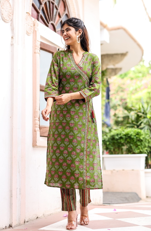 Pretty Angrakha Suit Set For Women In Mehandi Green