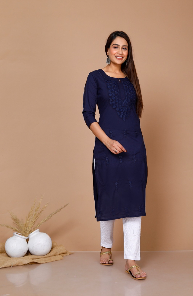 Embroidery Straight Kurti In Navy Blue