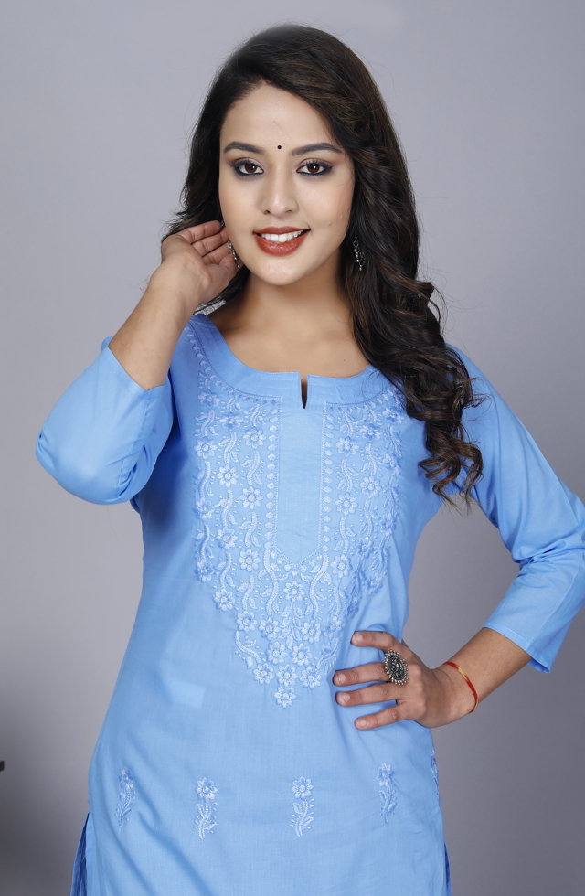 Women Embroidered Kurti In Sky Blue