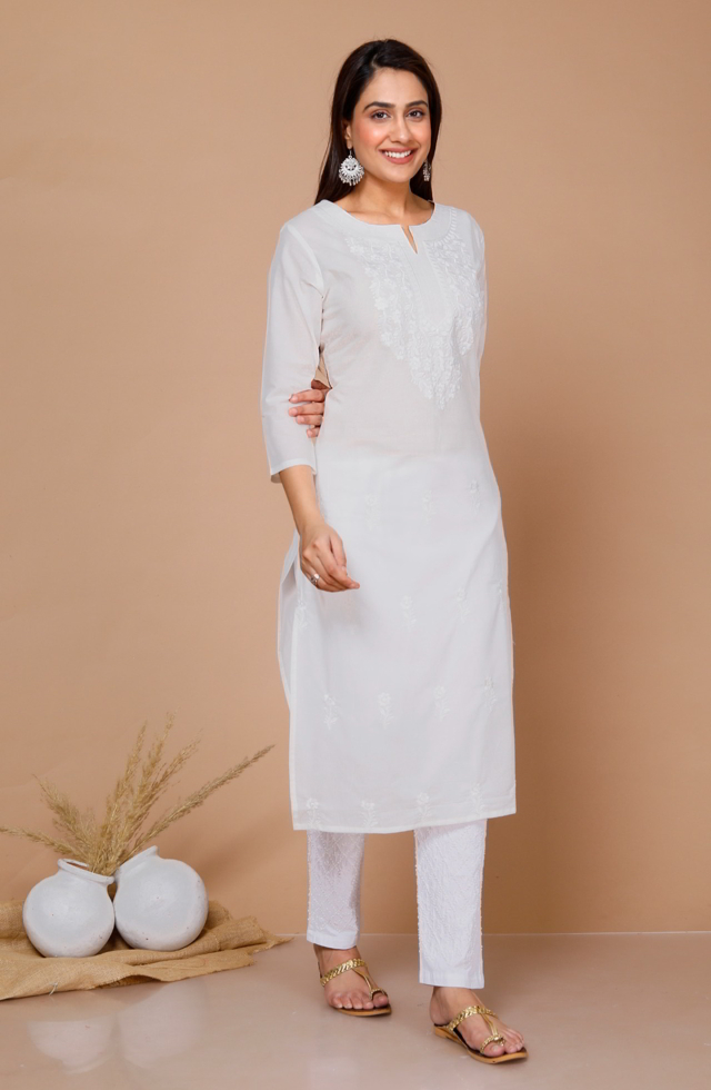 Embroidered Straight Fit Kurti In White
