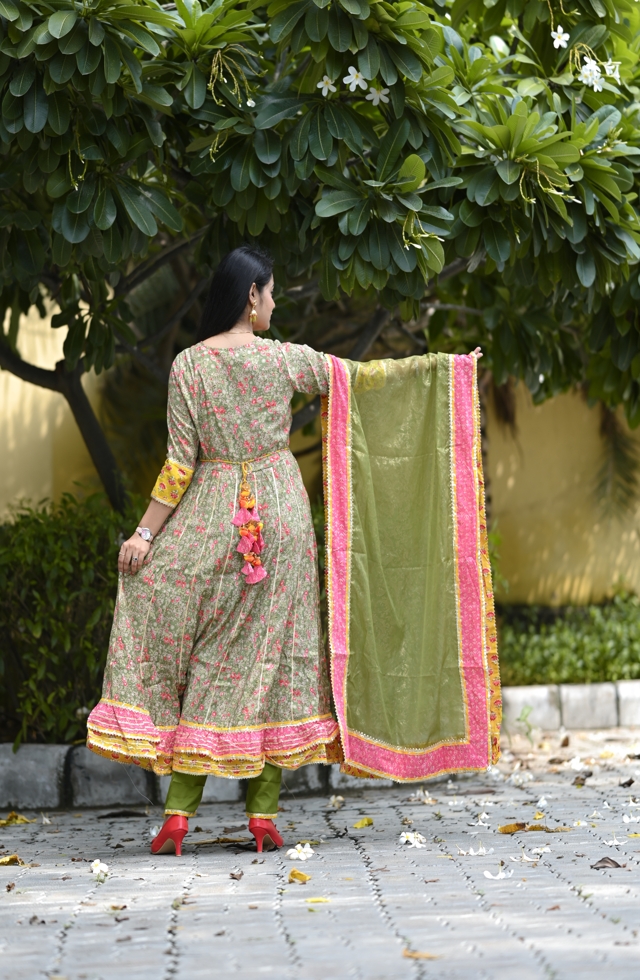 Festive Olive Green Anarkali Suit With Handwork