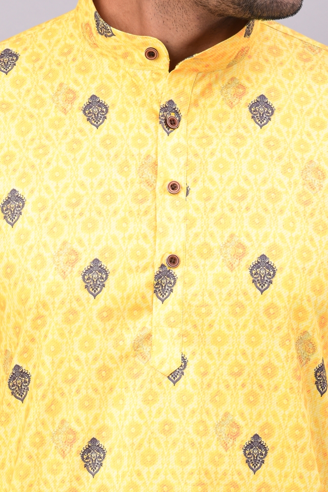 Men Printed Kurta with Pant in Haldi Yellow Colour