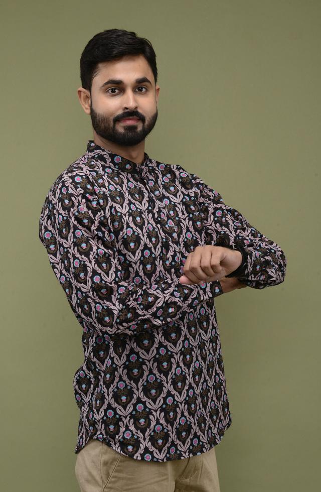 Jaipuri Printed Short Kurta In Black Colour