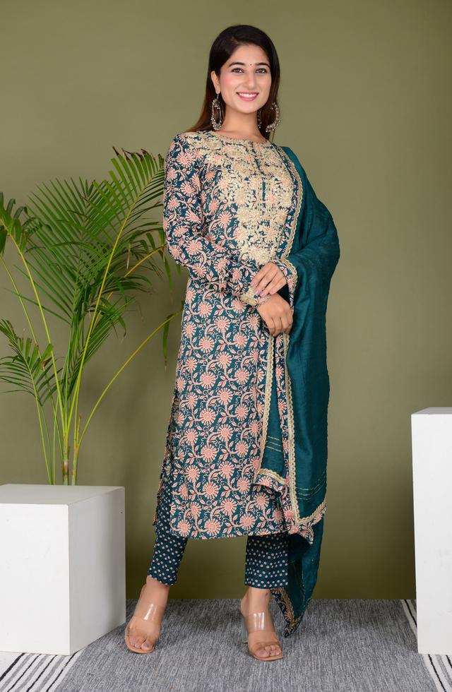 Women Gorgeous Embroidered Suit Set In Teal Blue