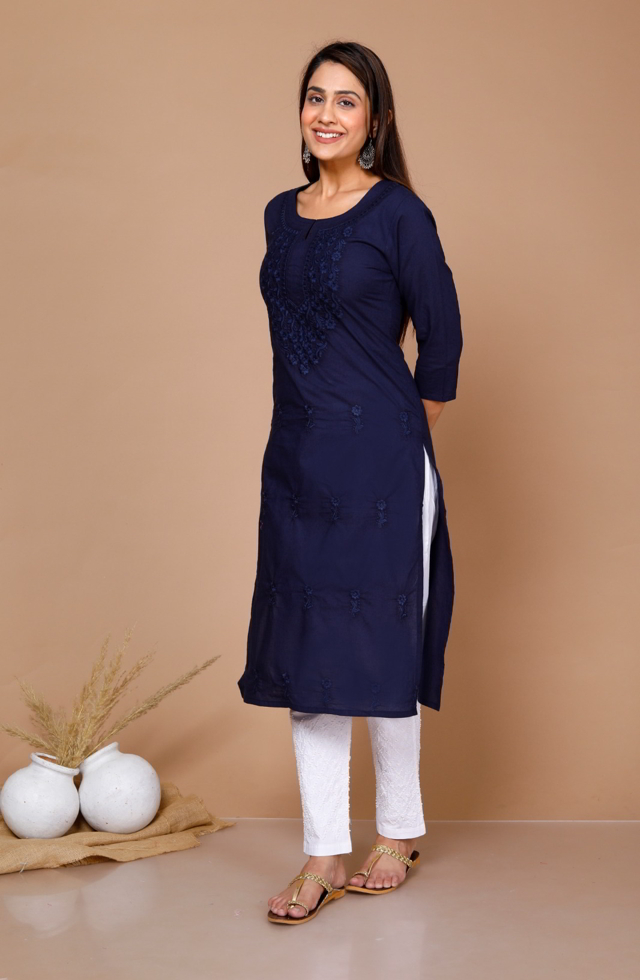 Embroidery Straight Kurti In Navy Blue