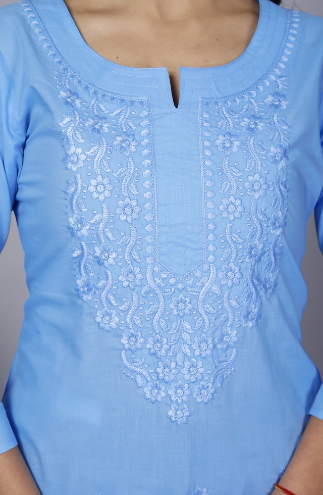 Women Embroidered Kurti In Sky Blue