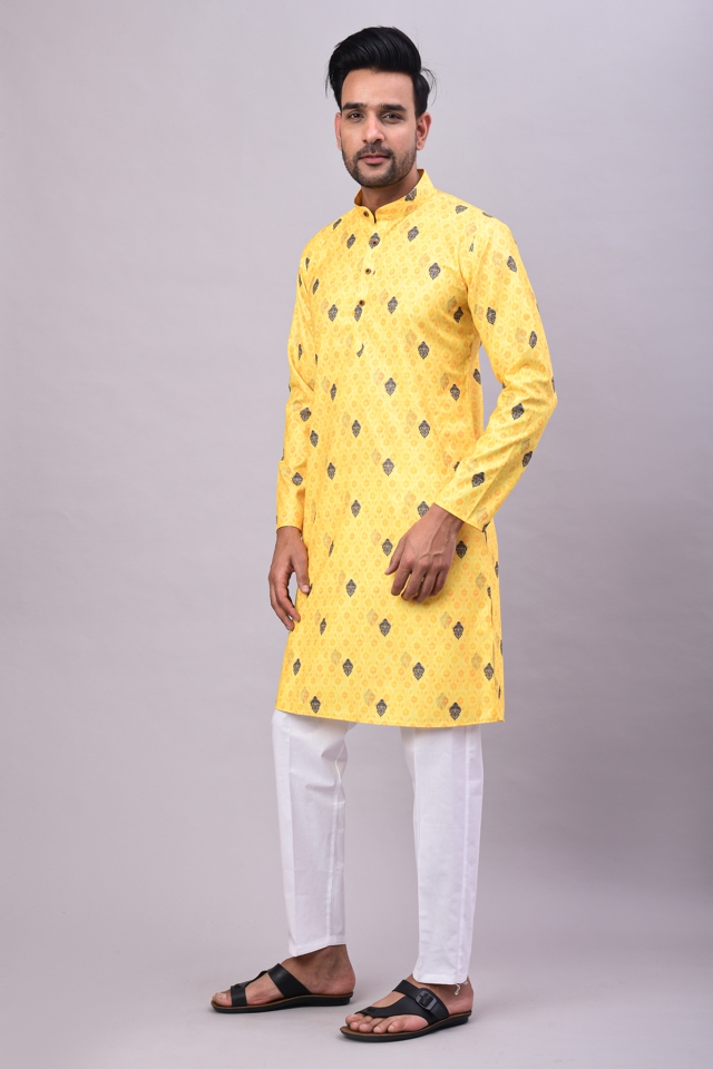 Men Printed Kurta with Pant in Haldi Yellow Colour