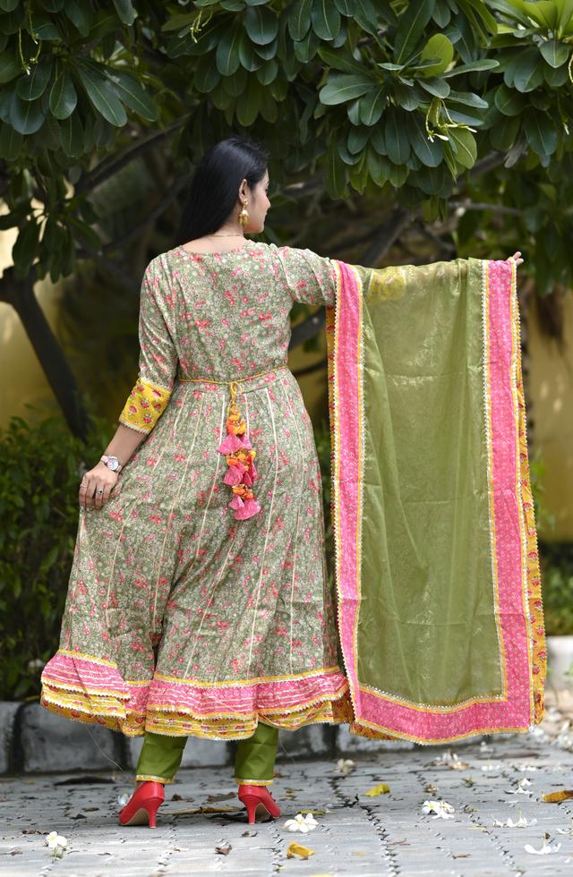 Festive Olive Green Anarkali Suit With Handwork