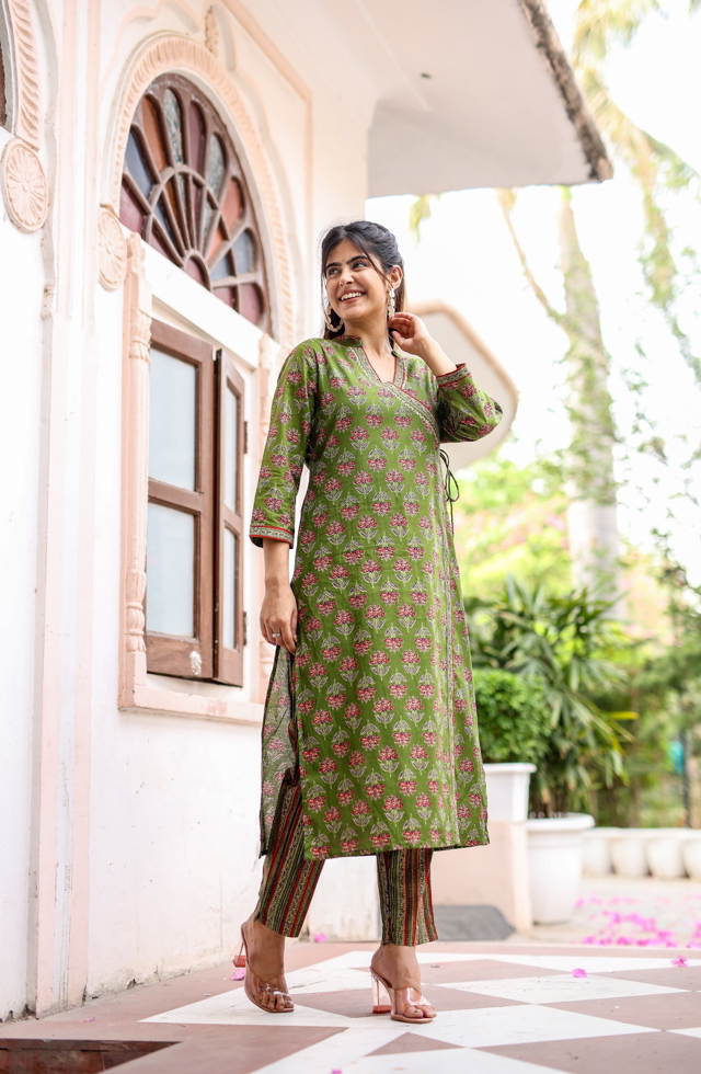 Pretty Angrakha Suit Set For Women In Mehandi Green