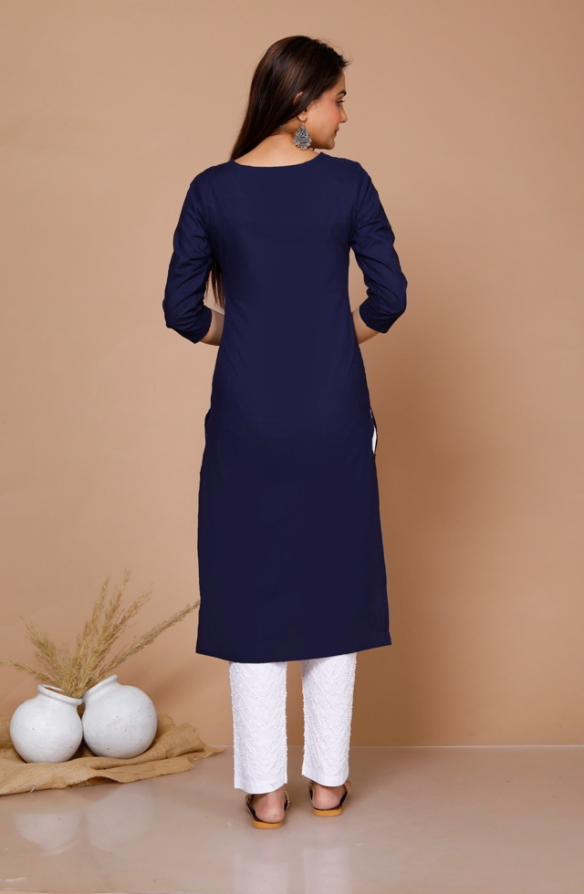 Embroidery Straight Kurti In Navy Blue
