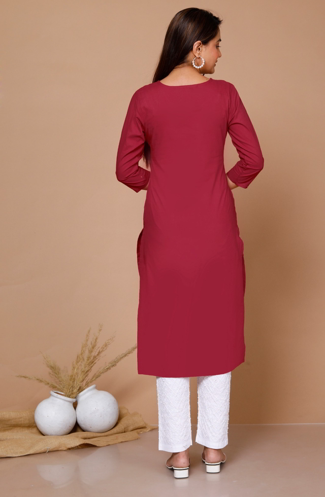 Embroidered Straight Fit Kurti In Maroon