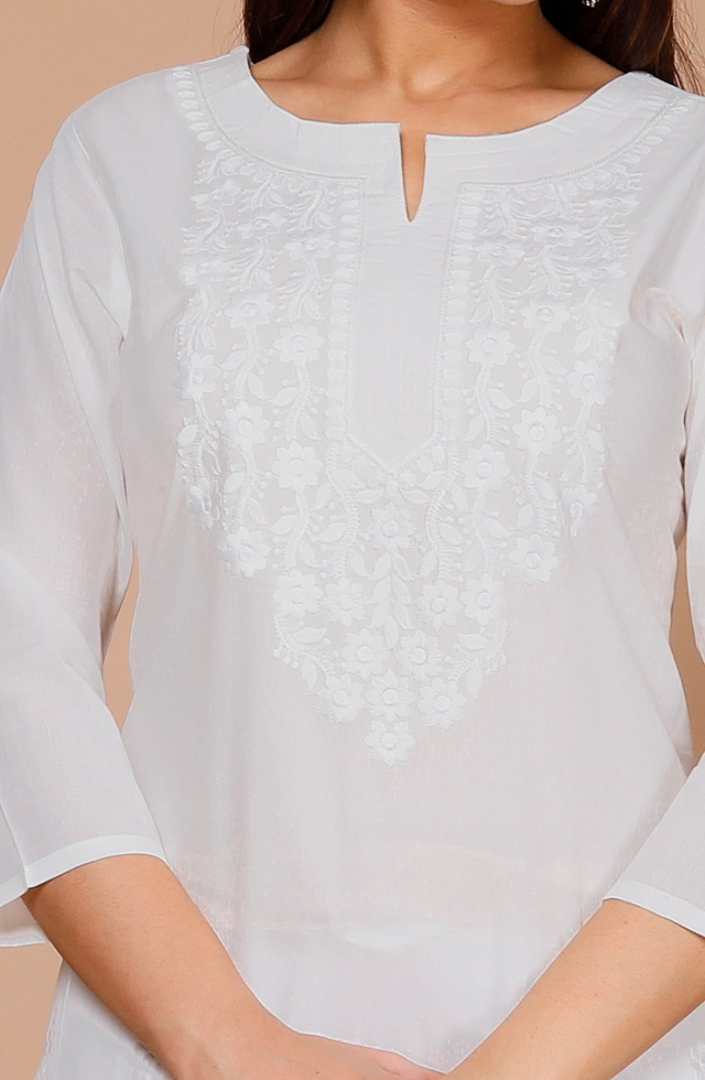 Embroidered Straight Fit Kurti In White