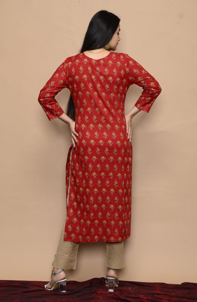 pMaroon Printed Kurti With Yoke Design