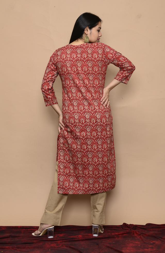 pWomen Straight Fit Kurti In Dark Red