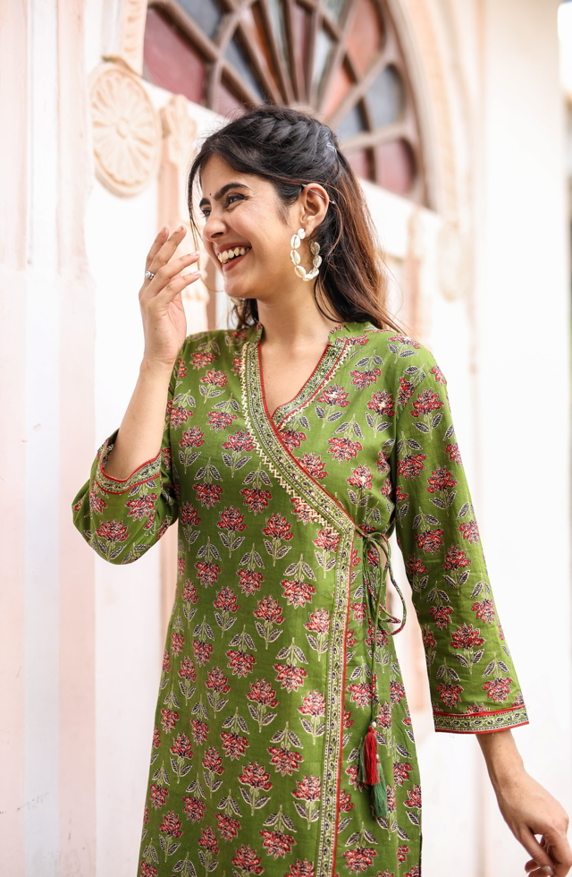 pPretty Angrakha Suit Set For Women In Mehandi Green